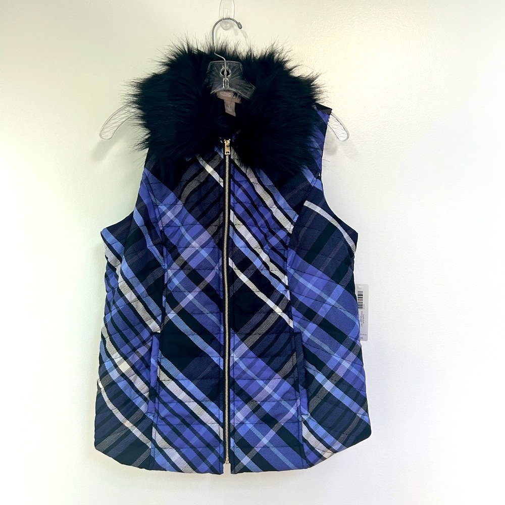 NWT - Chico’s Plaid Puffer Vest with Faux Fur Collar Purple Black Size 1